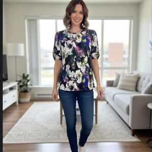 Rachel Rachel Roy Floral Puff Sleeve Blouse | Blue Purple Abstract | Size 1X